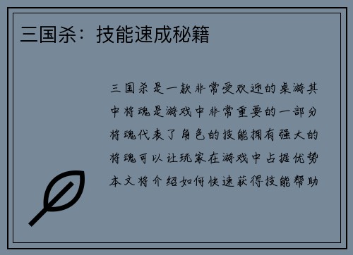 三国杀：技能速成秘籍